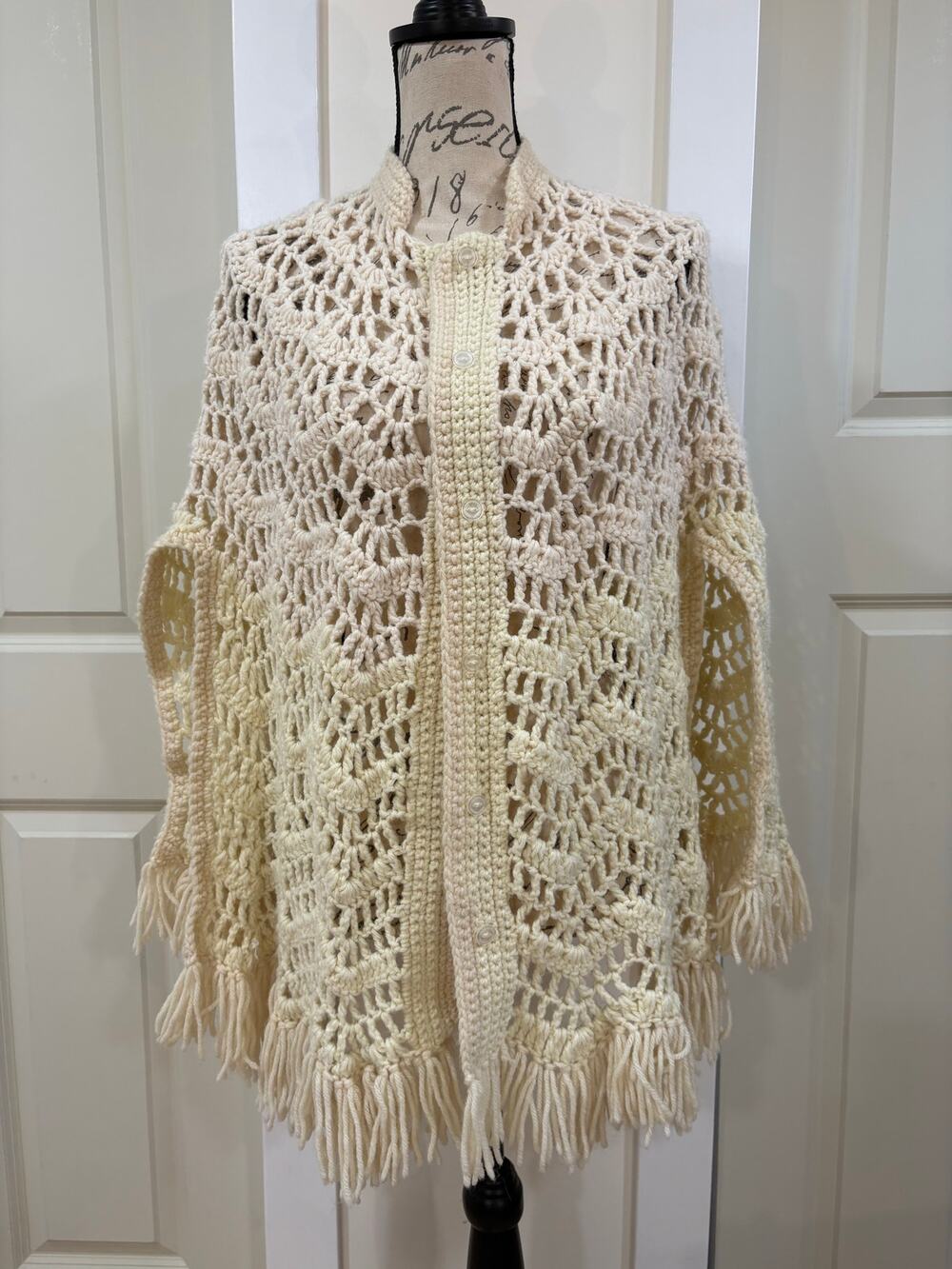 70s Vintage Handmade Cream Crocheted Fringed Cape Shawl